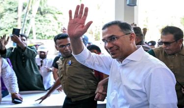 Bangladesh Nationalist Party (BNP) chairman Tarique Rahman (R) leaves after addressing a press conference in Dhaka on February 14, 2026. Election Commission figures showed Rahman's BNP had won a landslide victory in the elections on February 12, the first since a deadly 2024 uprising ousted the iron-fisted rule of Sheikh Hasina. (Photo by MOHD RASFAN / AFP)