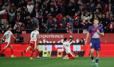 Soccer Football - LaLiga - Girona v FC Barcelona - Estadi Montilivi, Girona, Spain - February 16, 2026 Girona's Fran Beltran celebrates scoring their second goal REUTERS/Bruna Casas