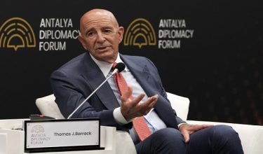 This handout photograph taken and released by Antalya Diplomacy Forum Photo Services on April 17, 2026, shows U.S. Special Envoy for Syria and US Ambassador to Turkey Tom Barrack speaking during the 5th edition of the three-day Antalya Diplomacy Forum (ADF2026) in Antalya. Turkey hosts a high-stakes forum on April 17, 2026 bringing together the foreign ministers of Pakistan, Saudi Arabia and Egypt, as Islamabad pushes diplomatic efforts to end the Middle East war. (Photo by HANDOUT / Antalya Diplomacy Forum / AFP) / RESTRICTED TO EDITORIAL USE - MANDATORY CREDIT "AFP PHOTO / ANTALYA DIPLOMACY FORUM - NO MARKETING NO ADVERTISING CAMPAIGNS - DISTRIBUTED AS A SERVICE TO CLIENTS