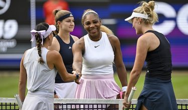 BERLIN, GERMANY - JUNE 16: Serena Williams of the United States, alongside Karolina Muchova compete during the women's doubles match against Giuliana Olmos and Erin Routliffe at the WTA 500 Berlin Ladies Open tennis tournament at the Steffi Graf Stadion in Berlin, Germany on June 16, 2026. Halil Sagirkaya / AnadoluNo Use USA No use UK No use Canada No use France No use Japan No use Italy No use Australia No use Spain No use Belgium No use Korea No use South Africa No use Hong Kong No use New Zealand No use Turkey