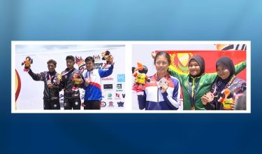 (Foto kiri) Mohammad Afi Danial Ramli (tengah) menjuarai acara kriterium lelaki. (Foto kanan)  Nur Fitrah Shaari (tengah) menjuarai acara kriterium wanita