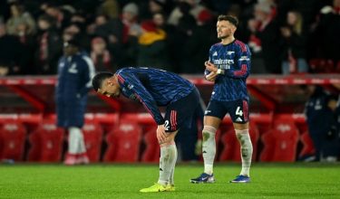 Arsenal's French defender #02 William Saliba looks dejected after the English Premier League football match between Nottingham Forest and Arsenal at The City Ground in Nottingham, central England, on January 17, 2026. (Photo by JUSTIN TALLIS / AFP) / RESTRICTED TO EDITORIAL USE. NO USE WITH UNAUTHORIZED AUDIO, VIDEO, DATA, FIXTURE LISTS, CLUB/LEAGUE LOGOS OR 'LIVE' SERVICES. ONLINE IN-MATCH USE LIMITED TO 120 IMAGES. AN ADDITIONAL 40 IMAGES MAY BE USED IN EXTRA TIME. NO VIDEO EMULATION. SOCIAL MEDIA IN-MATCH USE LIMITED TO 120 IMAGES. AN ADDITIONAL 40 IMAGES MAY BE USED IN EXTRA TIME. NO USE IN BETTING PUBLICATIONS, GAMES OR SINGLE CLUB/LEAGUE/PLAYER PUBLICATIONS. /
