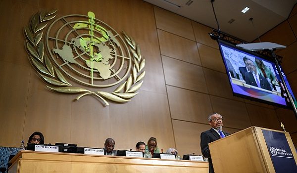 World Health Organization (WHO) Director-General Tedros Adhanom Ghebreyesus delivers a speech at the opening of the 79th World Health Organization (WHO) assembly in Geneva, on May 18, 2026. (Photo by Fabrice COFFRINI / AFP)