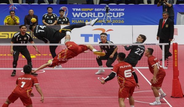 Pasukan kuadran negara melangkah ke separuh akhir selepas menewaskan Filipina 2-0 dalam aksi suku akhir Kejohanan Sepak Takraw Piala Dunia 2026 di Stadium Titiwangsa - Foto BERNAMA