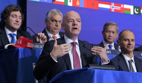 WASHINGTON, DC - FEBRUARY 19: President of FIFA Gianni Infantino speaks during the inaugural meeting of the Board of Peace at the Donald J. Trump Institute of Peace on February 19, 2026 in Washington, DC. Assembled to raise money for the rebuilding and stabilization of Gaza, Trump's Board of Peace was formally established on the sidelines of World Economic Forum in January of 2026.   Chip Somodevilla/Getty Images/AFP (Photo by CHIP SOMODEVILLA / GETTY IMAGES NORTH AMERICA / Getty Images via AFP)