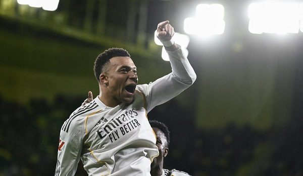 Real Madrid's French forward #10 Kylian Mbappe celebrates scoring his team's second goal during the Spanish league football match between Villarreal CF and Real Madrid CF at La Ceramica Stadium in Vila-Real on January 24, 2026. (Photo by JOSE JORDAN / AFP)