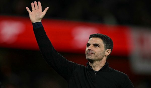 Arsenal's Spanish manager Mikel Arteta salutes the fans following the English Premier League football match between Arsenal and Burnley at the Emirates Stadium in London on May 18, 2026. (Photo by Glyn KIRK / AFP) / RESTRICTED TO EDITORIAL USE. No use with unauthorized audio, video, data, fixture lists, club/league logos or 'live' services. Online in-match use limited to 120 images. An additional 40 images may be used in extra time. No video emulation. Social media in-match use limited to 120 images. An additional 40 images may be used in extra time. No use in betting publications, games or single club/league/player publications. /