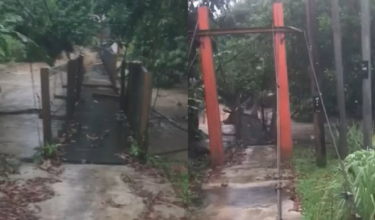 Jambatan utama di Kampung 
Ulu Geruntum, Kuala Razila, di sini runtuh akibat kejadian kepala air/ JBPM