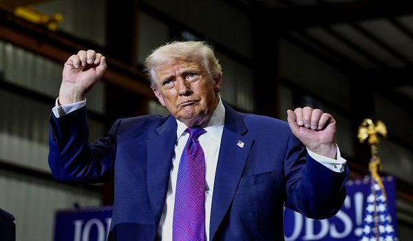 U.S. President Donald Trump gestures at the end of an event during a visit to Coosa Steel Corporation, in Rome, Georgia, U.S., February 19, 2026. REUTERS/Kevin Lamarque