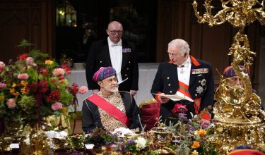 Britain's King Charles III delivers a speech during the State Banquet at Windsor Castle, Windsor, on October 20, 2026, the first day of a three-day State Visit to the United Kingdom by The Sultan of Oman. (Photo by Jordan Pettitt / POOL / AFP)