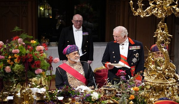 Britain's King Charles III delivers a speech during the State Banquet at Windsor Castle, Windsor, on October 20, 2026, the first day of a three-day State Visit to the United Kingdom by The Sultan of Oman. (Photo by Jordan Pettitt / POOL / AFP)