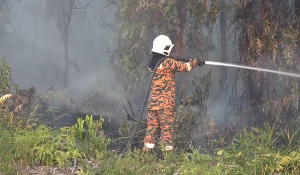 Anggota bomba Balai Bomba dan Penyelamat Kuala Nerus sedang giat memadamkan kebakaran  belukar di Taman Bukit Berangan/Foto RTM