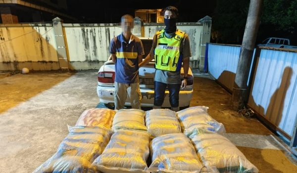 Sebahagian daripada 800 kilogram beras dipercayai diseludup dari Thailand yang dirampas PGA dalam Op Taring Wawasan di Kampung Batu Hitam, Tanah Merah, Kelantan/Foto PGA
