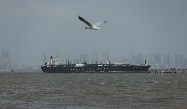 FILE PHOTO: A bird flies near the Jag Vasant vessel transferring LPG at a port after transiting the Strait of Hormuz amid supply disruptions linked to the U.S-Israeli conflict with Iran, in Mumbai, India, April 1, 2026. REUTERS/Francis Mascarenhas/File Photo