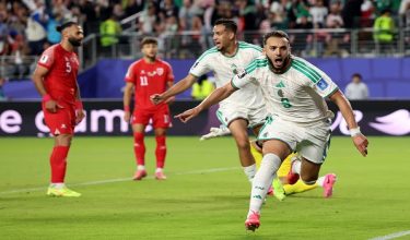SANTA CLARA, CALIFORNIA - JUNE 22: Amine Gouiri #9 of Algeria celebrates scoring his team's second goal during the FIFA World Cup 2026 Group J match between Jordan and Algeria at San Francisco Bay Area Stadium on June 22, 2026 in Santa Clara, California.   Stu Forster/Getty Images/AFP (Photo by Stu Forster / GETTY IMAGES NORTH AMERICA / Getty Images via AFP)
