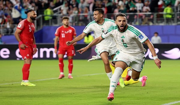 SANTA CLARA, CALIFORNIA - JUNE 22: Amine Gouiri #9 of Algeria celebrates scoring his team's second goal during the FIFA World Cup 2026 Group J match between Jordan and Algeria at San Francisco Bay Area Stadium on June 22, 2026 in Santa Clara, California.   Stu Forster/Getty Images/AFP (Photo by Stu Forster / GETTY IMAGES NORTH AMERICA / Getty Images via AFP)