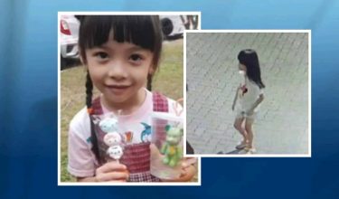 Albertine Leo Jia Hui, 6, tahun. Ketika hilang, (kanan) dia memakai baju T-shirt putih bergambar 'Mickey Mouse' dan berseluar pendek
