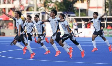 Pemain hoki Pahang Muhammad Nor Daniel Md Nor Effendy bersorak selepas menjaringkan gol pada SUKMA Selangor 2026/Foto BERNAMA