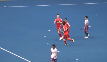 Pemain skuad hoki Liaoning meraikan jaringan ketika menentang UiTM HA-KPT pada aksi Liga Hoki Malaysia 2026.