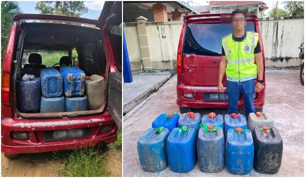 Antara 10 tong plastik mengandungi 300 liter petrol yang dirampas PGA dalam operasi di Kampung Lalang Pepuyu, Tanah Merah, semalam/Foto PGA Briged Tenggara