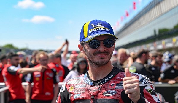 Third placed Team Ducati Lenovo Team's Francesco Bagnaia shows the thumb up after the MotoGP Grand Prix of Czechia in Brno, Czech Republic, on June 21, 2026. (Photo by Michal Cizek / AFP)