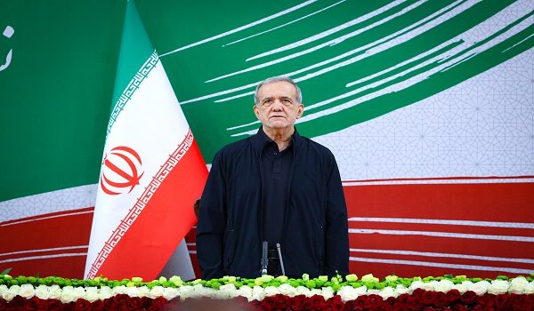 A handout photo made available by the Iranian Presidential Office shows Iran's President Masoud Pezeshkian attending a press conference in the capital Tehran, on August 8, 2026. Oman said on August 8, that negotiations with Iran about the future administration of the Strait of Hormuz were "positive and constructive", but warned against repeated attacks on shipping as Tehran pressed its blockade of the vital waterway. (Photo by Iranian Presidential Office / AFP) /