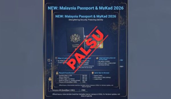Poster palsu bertajuk “New: Malaysia Passport & MyKad 2026” yang tular di media sosial