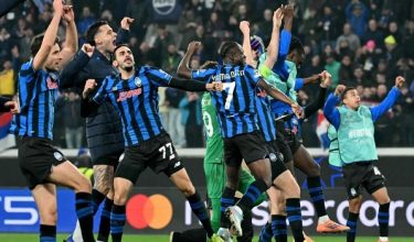 Pemain Atalanta meraikan kejayaan mara ke pusingan 16 Liga Juara Eropah. Foto/AFP