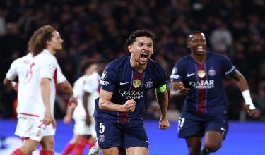Paris Saint-Germain's Brazilian defender #05 Marquinhos celebrates after scoring Paris Saint-Germain's first goal during the UEFA Champions League play-off second leg football match between Paris Saint-Germain (PSG) and AS Monaco at the Parc des Princes stadium in Paris on February 25, 2026. (Photo by FRANCK FIFE / AFP)
