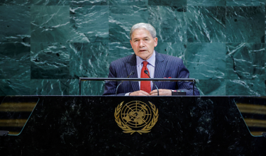 Menteri Luar New Zealand, Winston Peters berucap di Ibu Pejabat Pertubuhan Bangsa Bersatu (PBB) pada Jumaat