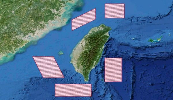 Peta menunjukkan lima zon besar mengelilingi Taiwan, iaitu lokasi aktiviti tembakan sebenar yang dijadualkan pada Isnin/ Foto Kementerian Pertahanan Negara Republik Rakyat China