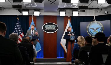 US Defense Secretary Pete Hegseth speaks alongside the Chairman of the Joint Chiefs of Staff General Dan Caine during a press briefing at the Pentagon in Washington, DC, on April 24, 2026. (Photo by ANNABELLE GORDON / AFP)