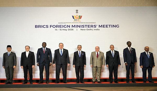 (L-R) Indonesia's Foreign Minister Sugiono, Iran's Foreign Minister Abbas Araghchi, South Africa's Foreign Minister Ronald Lamola, Russia's Foreign Minister Sergei Lavrov, India's Foreign Minister Subrahmanyam Jaishankar, Brazil's Foreign Minister Mauro Vieira, Egyptian Foreign Minister Badr Abdelatty, Ethiopian Foreign Minister Gedion Timothewos, and the United Arab Emirates' Minister of State for Foreign Affairs and International Cooperation Khalifa Shaheen Almarar pose for a family photograph during the BRICS Foreign Ministers Meeting at the Bharat Mandapam in New Delhi on May 14, 2026. (Photo by Arun SANKAR / AFP)