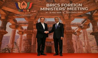 India's Foreign Minister Subrahmanyam Jaishankar (R) welcomes his Iran's counterpart Abbas Araghchi for the opening of the BRICS Foreign Ministers Meeting at the Bharat Mandapam in New Delhi on May 14, 2026. (Photo by Arun SANKAR / AFP)