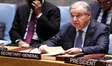 UN Secretary-General Antonio Guterres speaks during a United Nations Security Council meeting on the situation in the Middle East at the UN Headquarters in New York on February 28, 2026. United Nations chief Antonio Guterres condemned "escalation" in the Middle East after US and Israeli strikes on Iran, on which the UN Security Council will hold an emergency meeting Saturday. (Photo by CHARLY TRIBALLEAU / AFP)