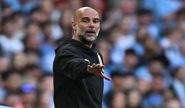 Manchester City's Spanish manager Pep Guardiola gestures on the touchline during the English FA Cup semi final football match between Manchester City and Southampton at Wembley stadium in London, on April 25, 2026. (Photo by Ben STANSALL / AFP) / NOT FOR MARKETING OR ADVERTISING USE / RESTRICTED TO EDITORIAL USE