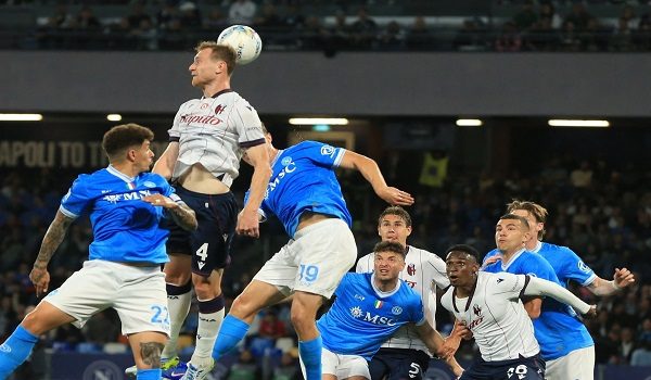 Bologna's Italian midfielder #4 Tommaso Pobega heads the ball during the Italian Serie A football match between SSC Napoli and Bologna FC 1909 at the Diego Armando Maradona Stadium in Naples on May 11, 2026. (Photo by CARLO HERMANN / AFP)