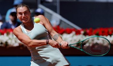 Belarus Aryna Sabalenka returns the ball to  Japans Naomi Osaka during their 2026 WTA Tour Madrid Open tennis tournament women's singles match at the Caja Magica in Madrid, on April 27, 2026. (Photo by Thomas COEX / AFP)